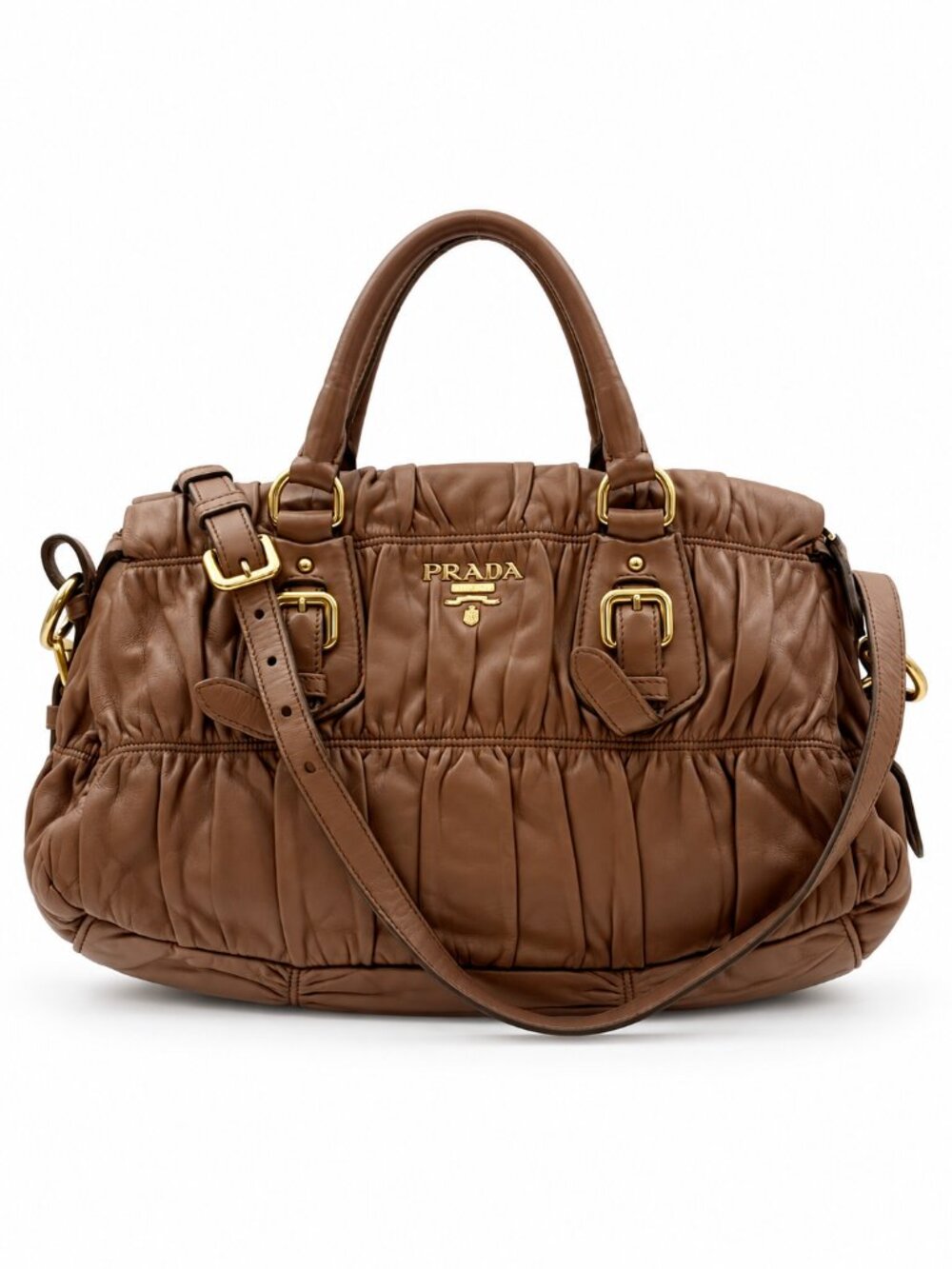 Prada Brown Ruched Leather Gaufre Satchel Shoulder Bag w/ Strap